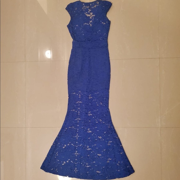 Cobalt Blue Long Mermaid Lace Dress - Picture 2 of 4